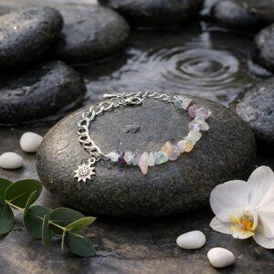 Rainbow Fluorite Silver Plated Bracelet Sun Charm Celestial Boho Crystal 7.5"